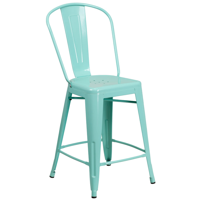 Commercial Grade 24" High Mint Green Metal Indoor-Outdoor Counter Height Stool with Back