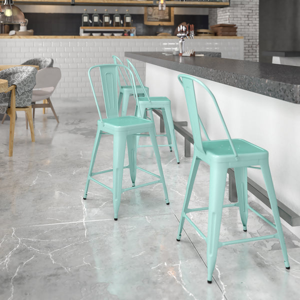 Commercial Grade 24" High Mint Green Metal Indoor-Outdoor Counter Height Stool with Back