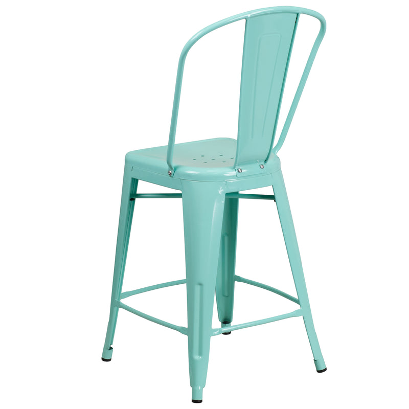 Commercial Grade 24" High Mint Green Metal Indoor-Outdoor Counter Height Stool with Back