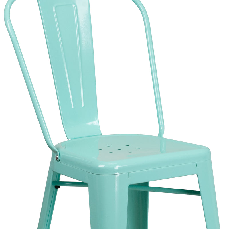 Commercial Grade 24" High Mint Green Metal Indoor-Outdoor Counter Height Stool with Back