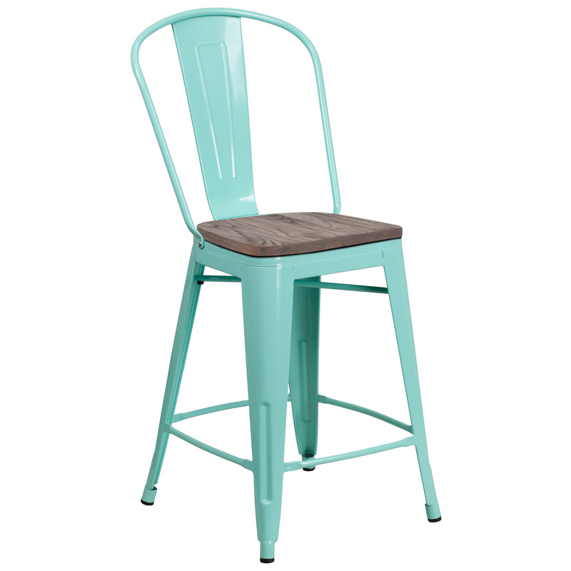 24" High Mint Green Metal Counter Height Stool with Back and Wood Seat