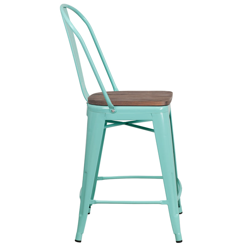 24" High Mint Green Metal Counter Height Stool with Back and Wood Seat