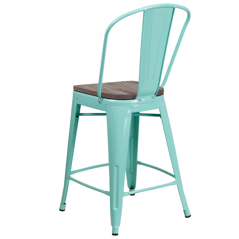 24" High Mint Green Metal Counter Height Stool with Back and Wood Seat