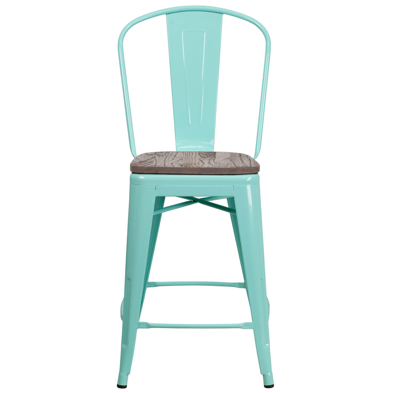 24" High Mint Green Metal Counter Height Stool with Back and Wood Seat