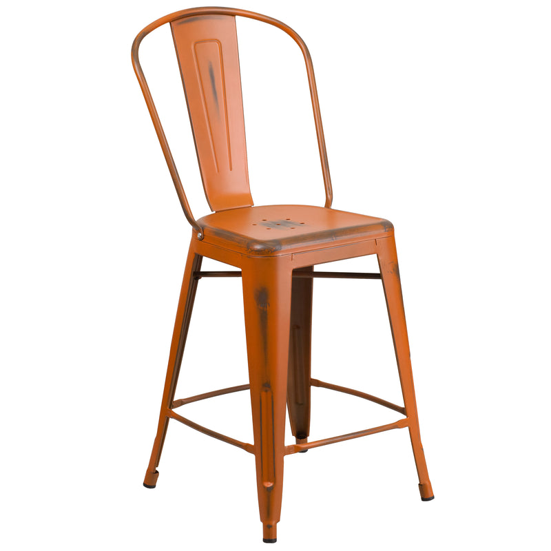 Commercial Grade 24" High Distressed Orange Metal Indoor-Outdoor Counter Height Stool with Back