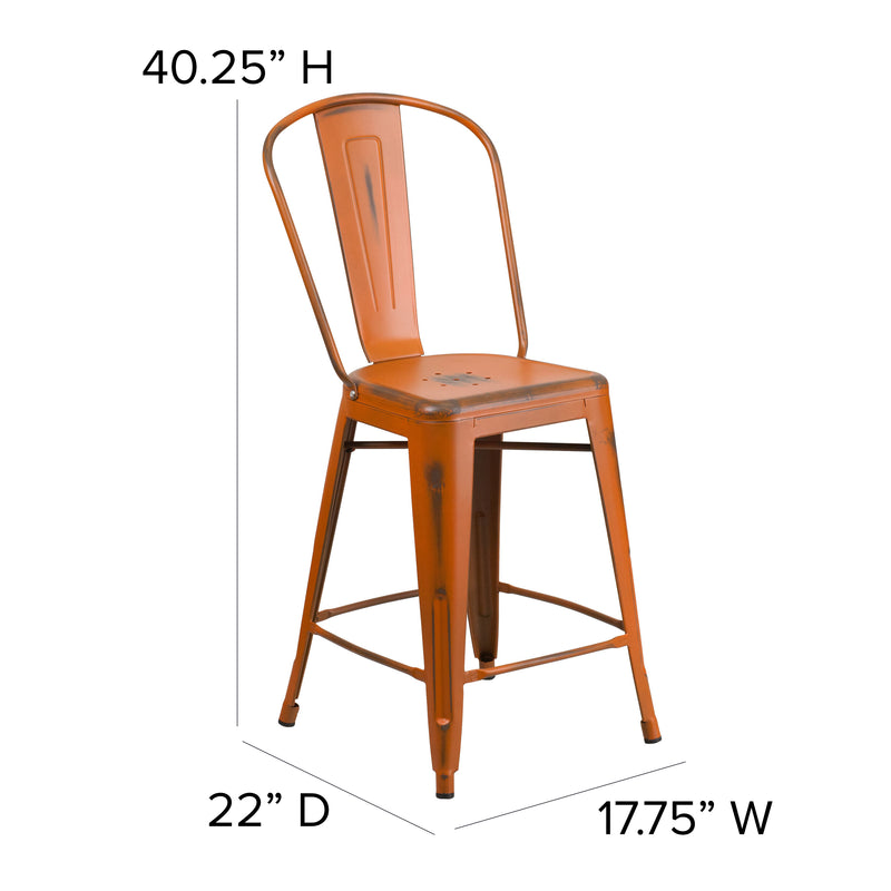 Commercial Grade 24" High Distressed Orange Metal Indoor-Outdoor Counter Height Stool with Back