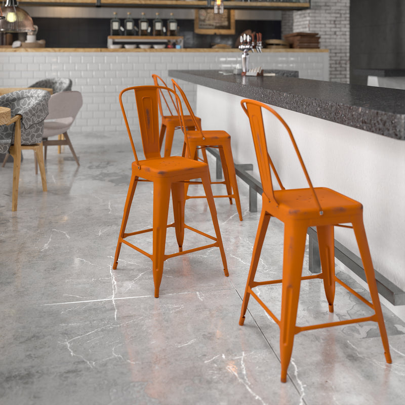 Commercial Grade 24" High Distressed Orange Metal Indoor-Outdoor Counter Height Stool with Back