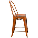 Commercial Grade 24" High Distressed Orange Metal Indoor-Outdoor Counter Height Stool with Back