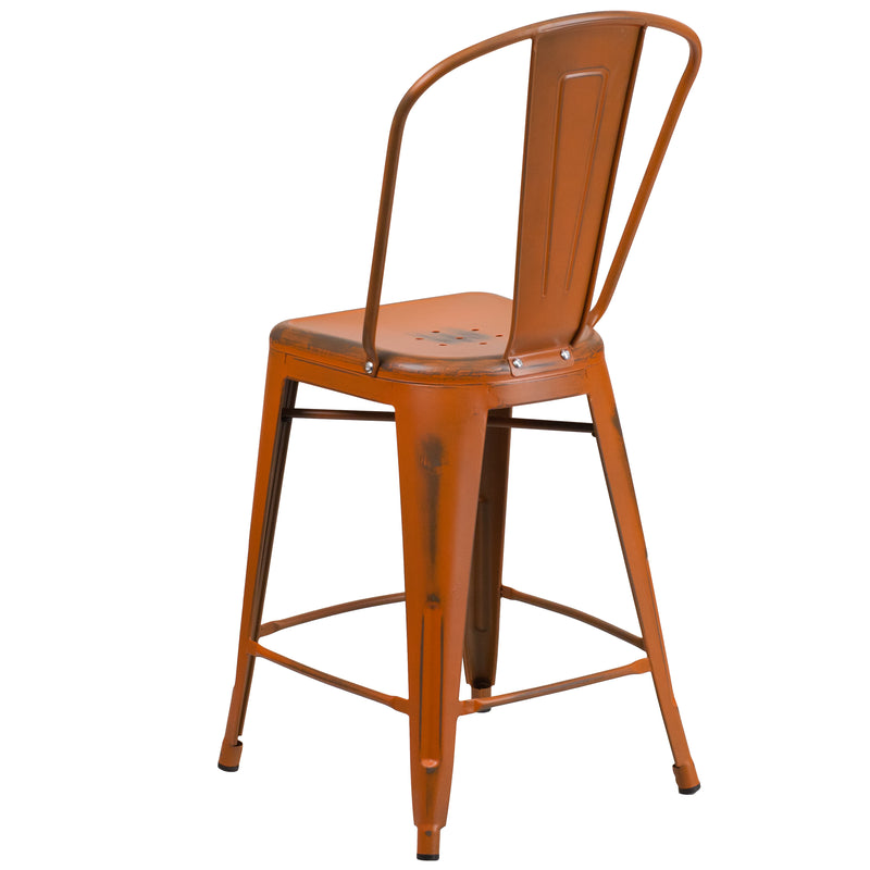 Commercial Grade 24" High Distressed Orange Metal Indoor-Outdoor Counter Height Stool with Back