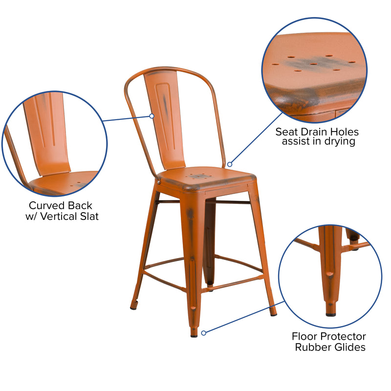 Commercial Grade 24" High Distressed Orange Metal Indoor-Outdoor Counter Height Stool with Back