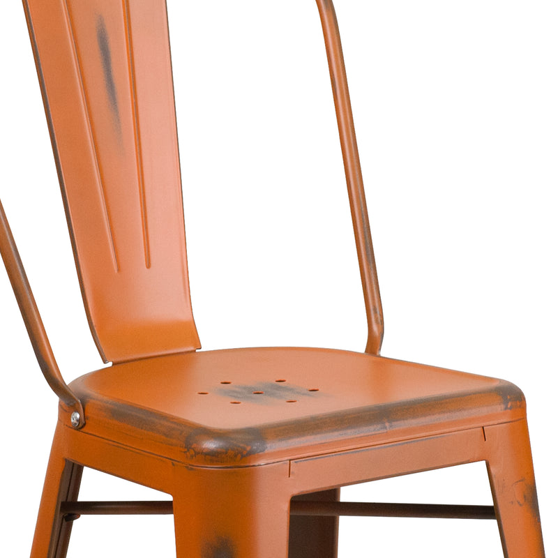 Commercial Grade 24" High Distressed Orange Metal Indoor-Outdoor Counter Height Stool with Back