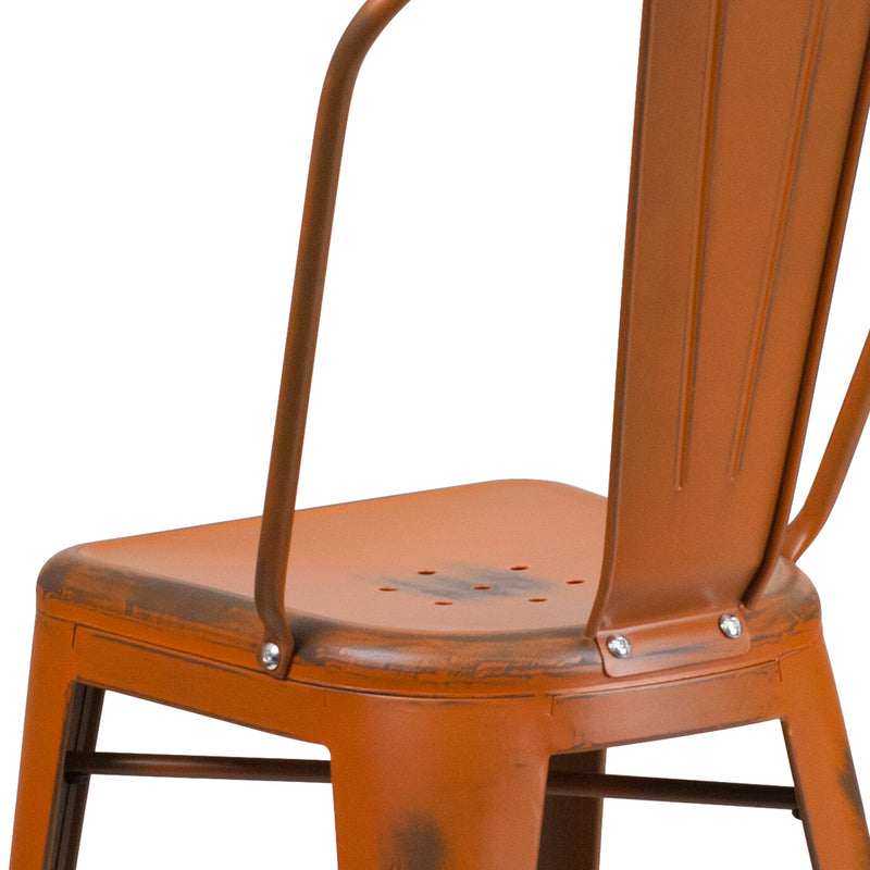 Commercial Grade 24" High Distressed Orange Metal Indoor-Outdoor Counter Height Stool with Back