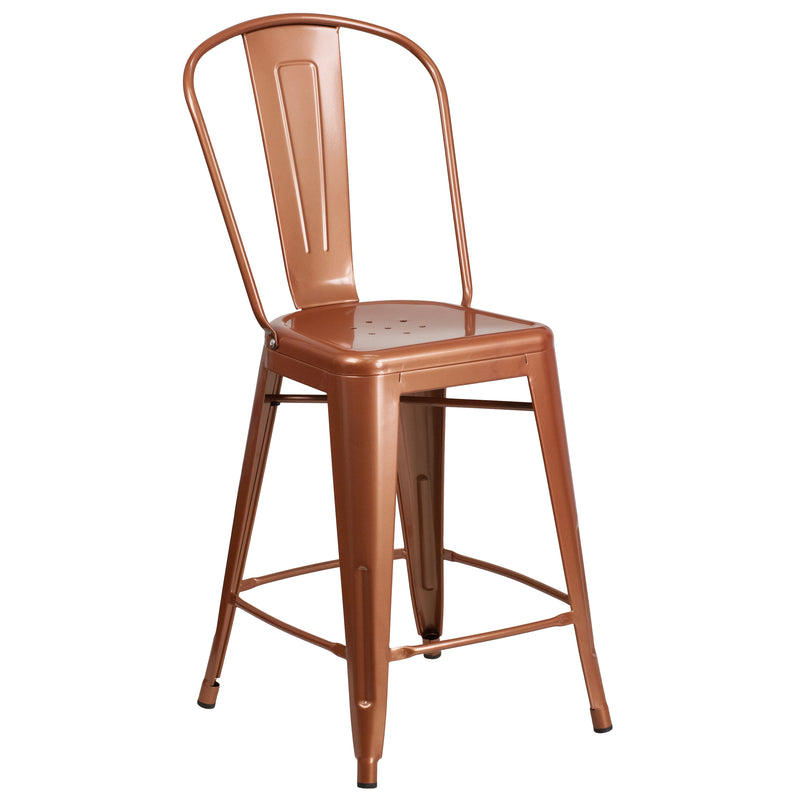 Commercial Grade 24" High Copper Metal Indoor-Outdoor Counter Height Stool with Back