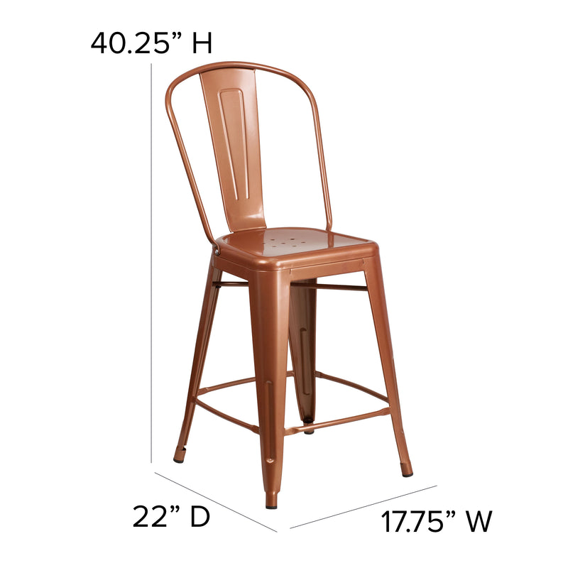 Commercial Grade 24" High Copper Metal Indoor-Outdoor Counter Height Stool with Back