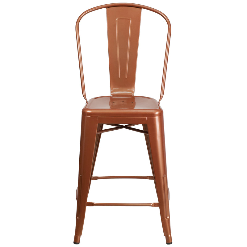 Commercial Grade 24" High Copper Metal Indoor-Outdoor Counter Height Stool with Back