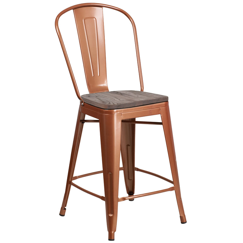 24" High Copper Metal Counter Height Stool with Back and Wood Seat