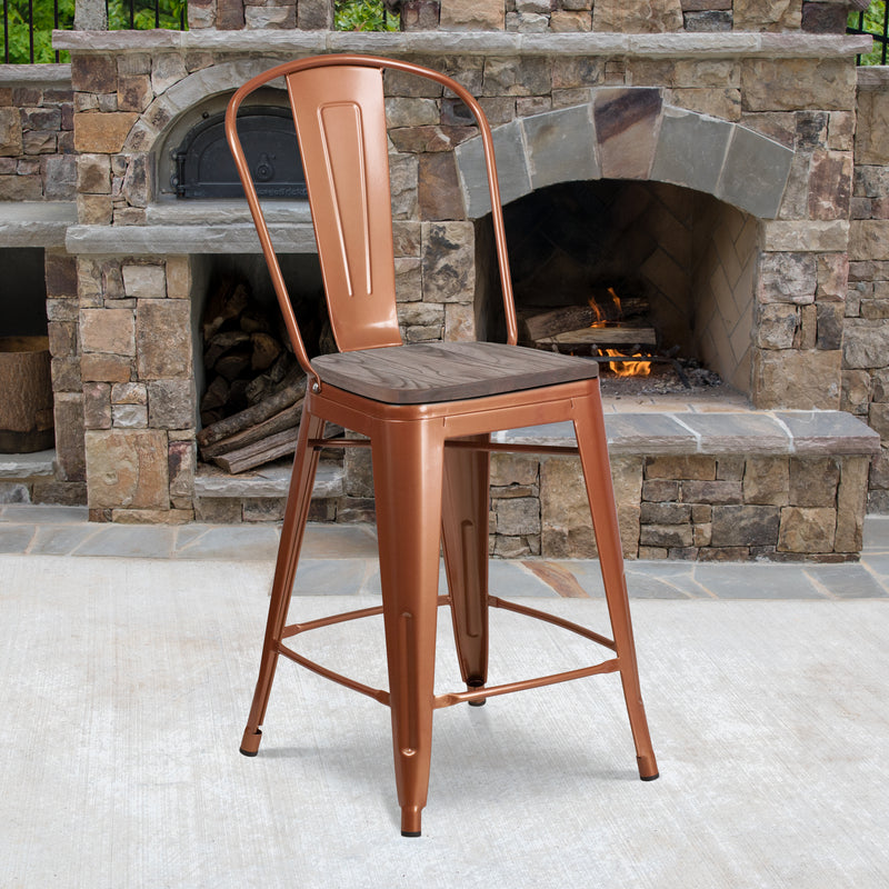 24" High Copper Metal Counter Height Stool with Back and Wood Seat