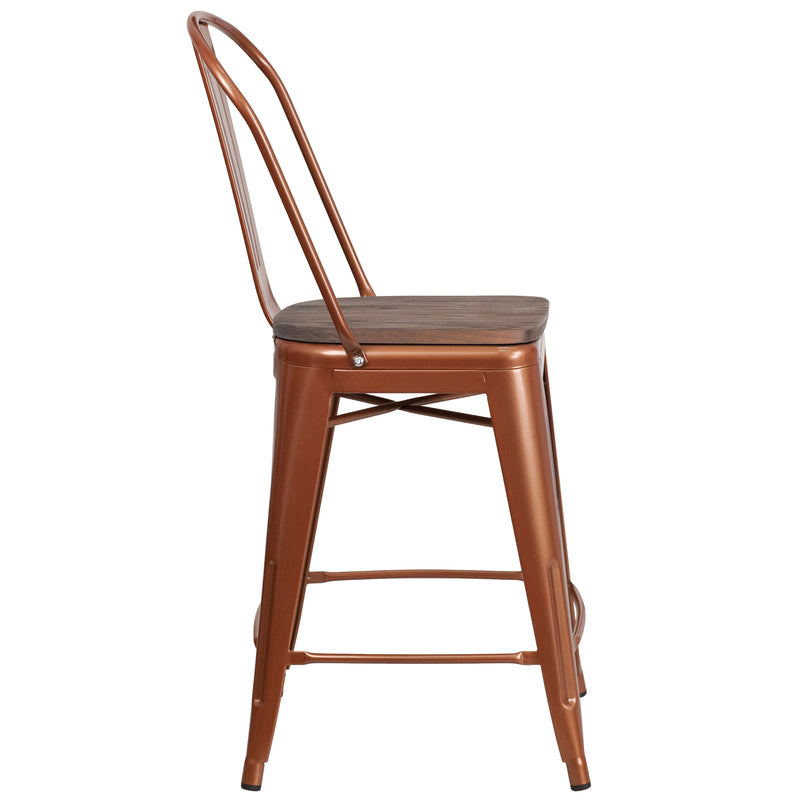 24" High Copper Metal Counter Height Stool with Back and Wood Seat