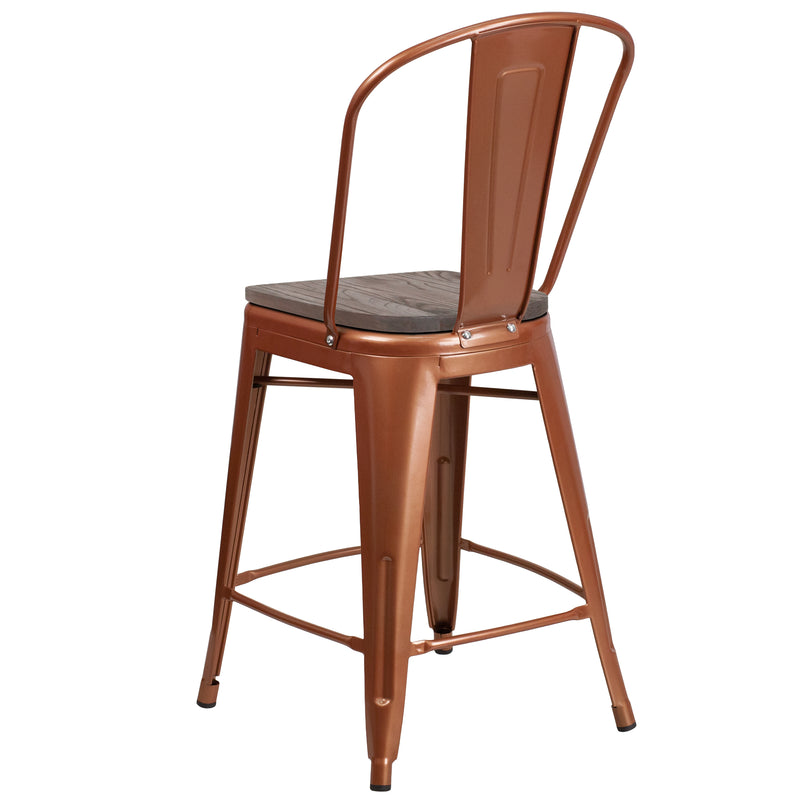 24" High Copper Metal Counter Height Stool with Back and Wood Seat