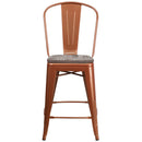 24" High Copper Metal Counter Height Stool with Back and Wood Seat