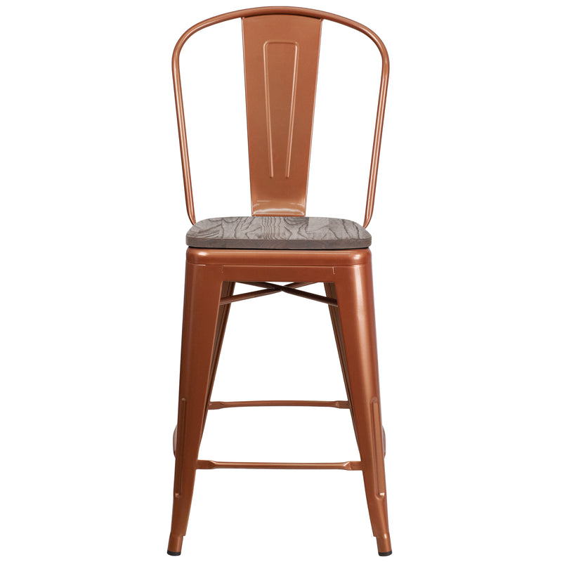 24" High Copper Metal Counter Height Stool with Back and Wood Seat