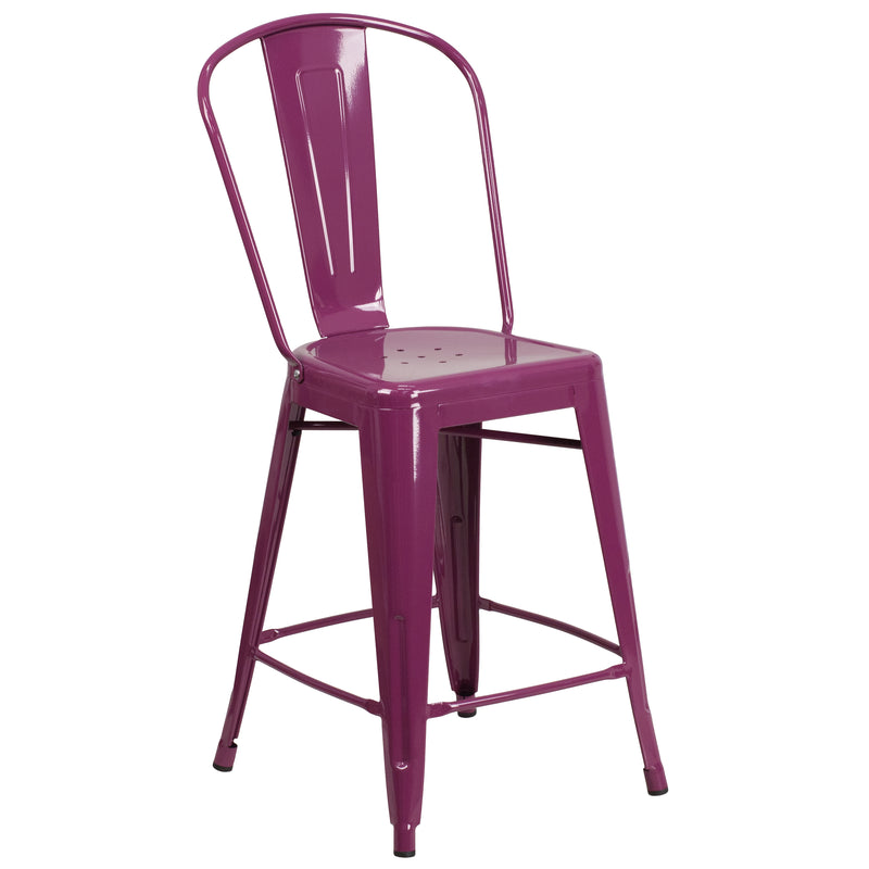 Commercial Grade 24" High Purple Metal Indoor-Outdoor Counter Height Stool with Back