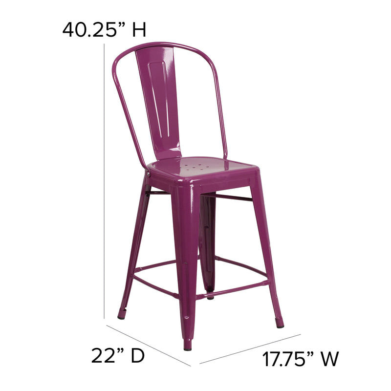 Commercial Grade 24" High Purple Metal Indoor-Outdoor Counter Height Stool with Back