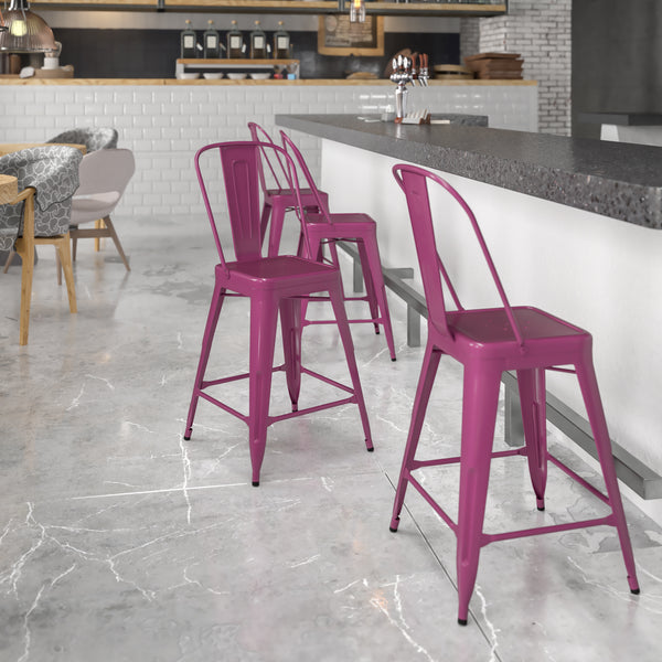 Commercial Grade 24" High Purple Metal Indoor-Outdoor Counter Height Stool with Back