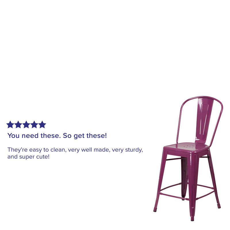 Commercial Grade 24" High Purple Metal Indoor-Outdoor Counter Height Stool with Back