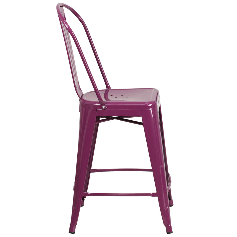 Commercial Grade 24" High Purple Metal Indoor-Outdoor Counter Height Stool with Back