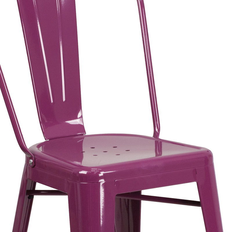 Commercial Grade 24" High Purple Metal Indoor-Outdoor Counter Height Stool with Back