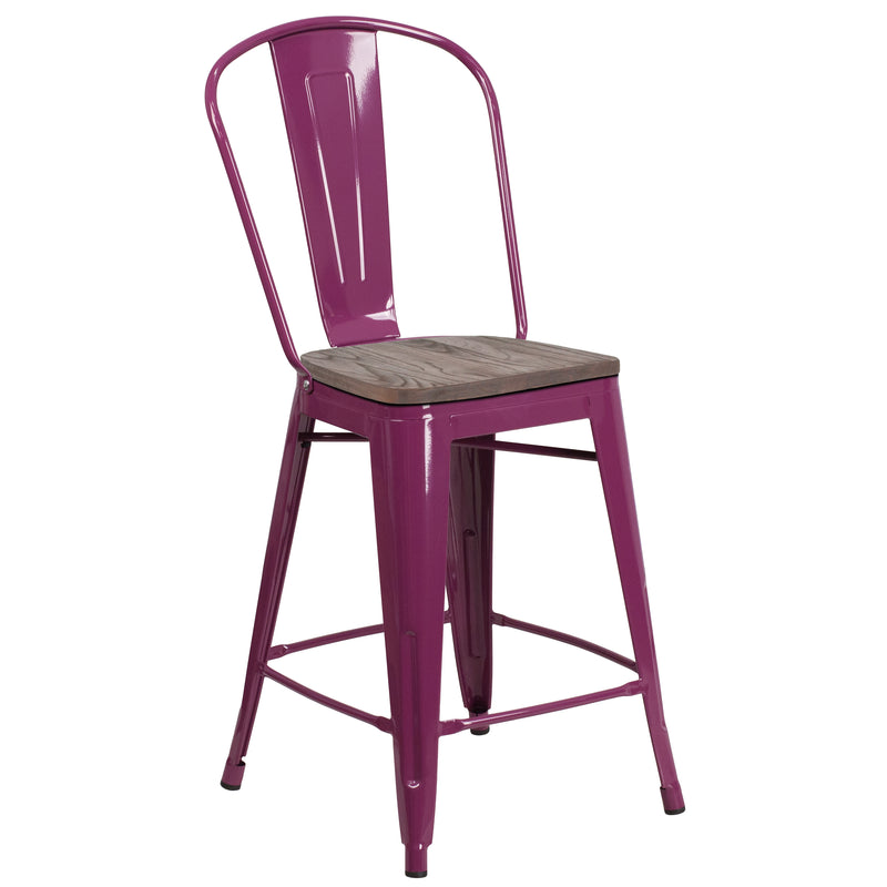 24" High Purple Metal Counter Height Stool with Back and Wood Seat