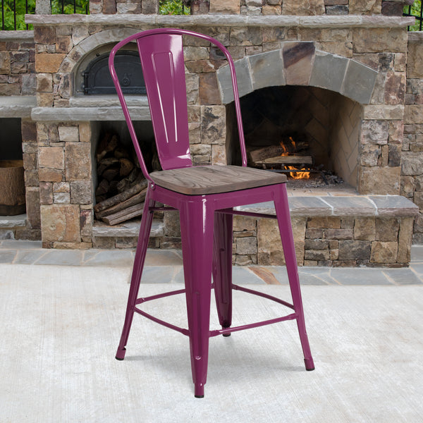 24" High Purple Metal Counter Height Stool with Back and Wood Seat