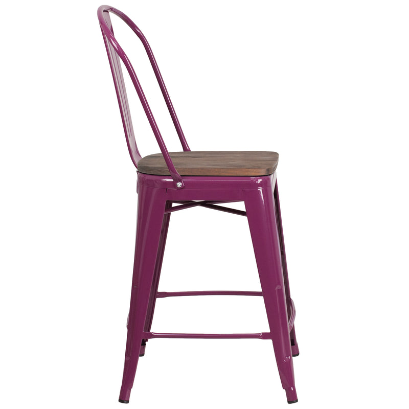 24" High Purple Metal Counter Height Stool with Back and Wood Seat