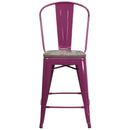 24" High Purple Metal Counter Height Stool with Back and Wood Seat