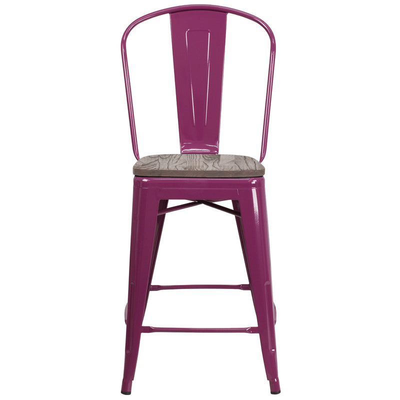 24" High Purple Metal Counter Height Stool with Back and Wood Seat