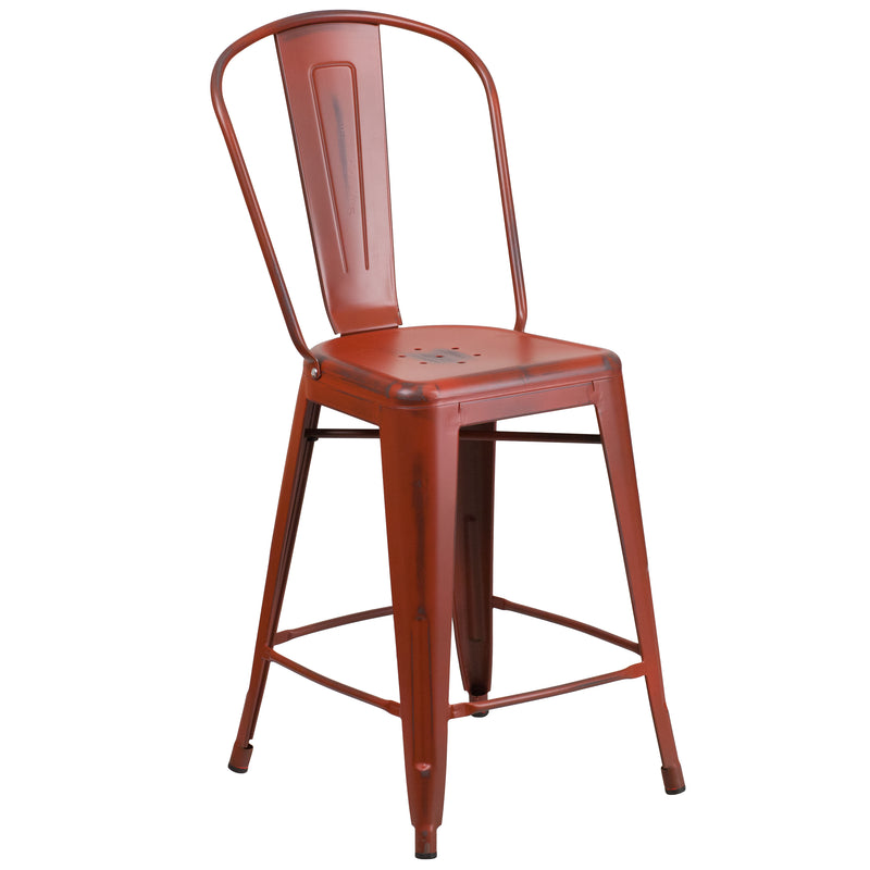 Commercial Grade 24" High Distressed Kelly Red Metal Indoor-Outdoor Counter Height Stool with Back