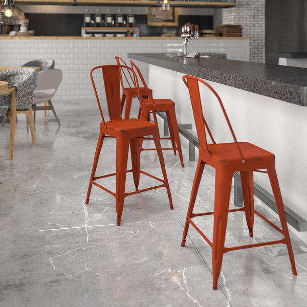 Commercial Grade 24" High Distressed Kelly Red Metal Indoor-Outdoor Counter Height Stool with Back