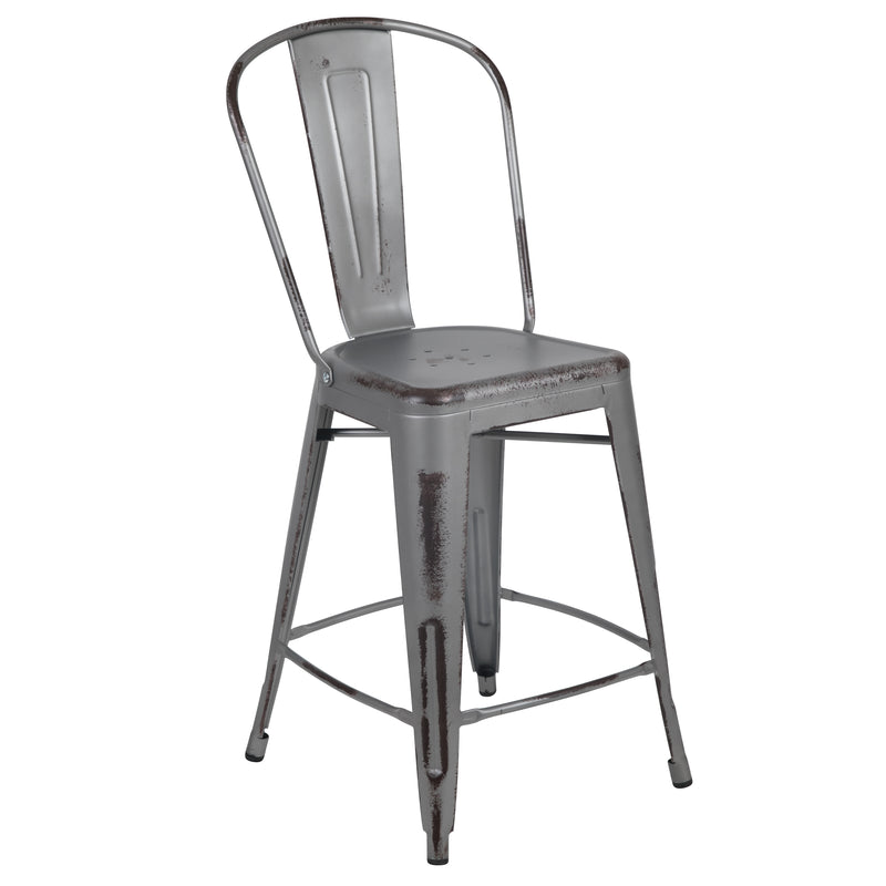 Commercial Grade 24" High Distressed Silver Gray Metal Indoor-Outdoor Counter Height Stool with Back