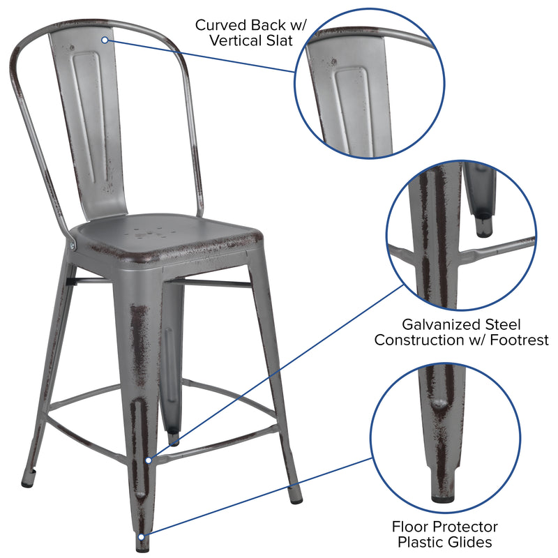 Commercial Grade 24" High Distressed Silver Gray Metal Indoor-Outdoor Counter Height Stool with Back