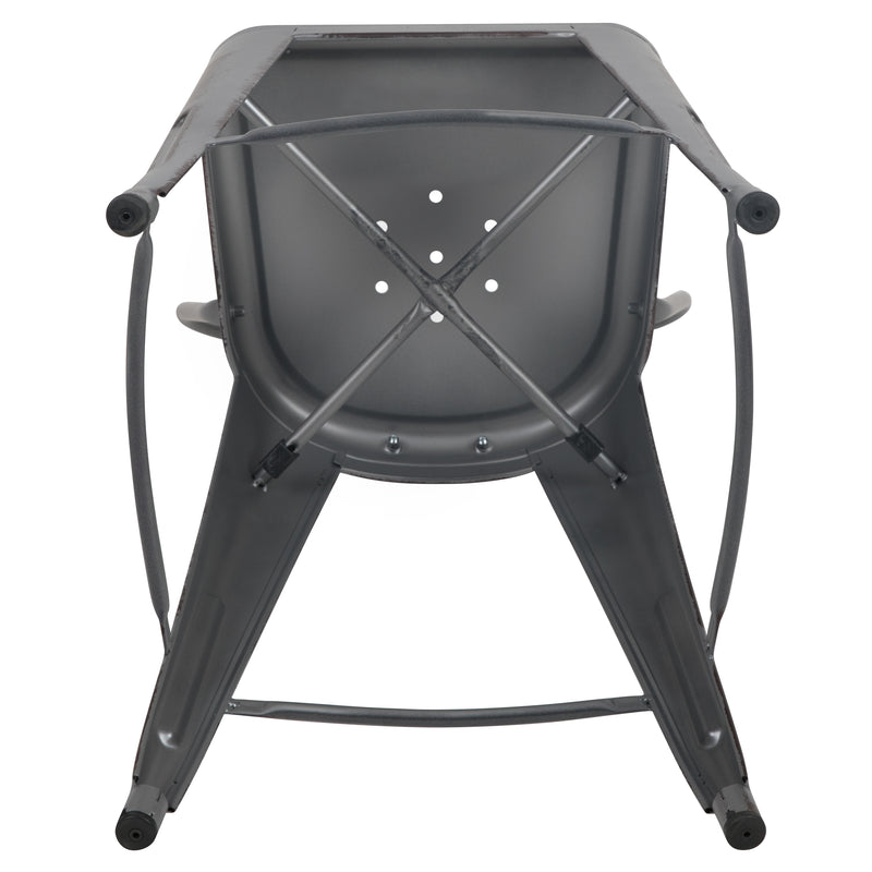 Commercial Grade 24" High Distressed Silver Gray Metal Indoor-Outdoor Counter Height Stool with Back