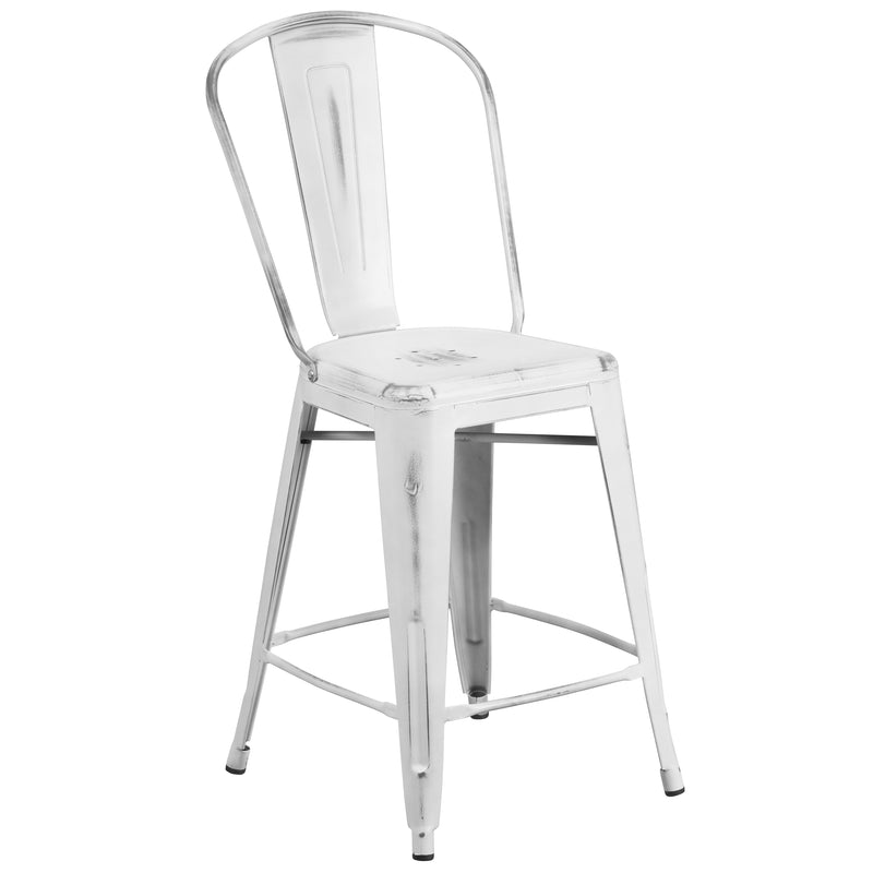 Commercial Grade 24" High Distressed White Metal Indoor-Outdoor Counter Height Stool with Back