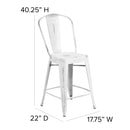 Commercial Grade 24" High Distressed White Metal Indoor-Outdoor Counter Height Stool with Back