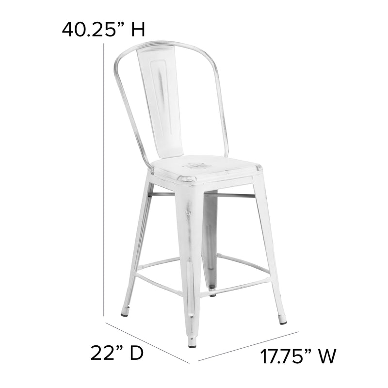 Commercial Grade 24" High Distressed White Metal Indoor-Outdoor Counter Height Stool with Back