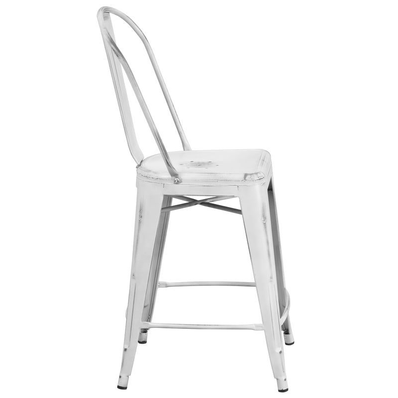 Commercial Grade 24" High Distressed White Metal Indoor-Outdoor Counter Height Stool with Back