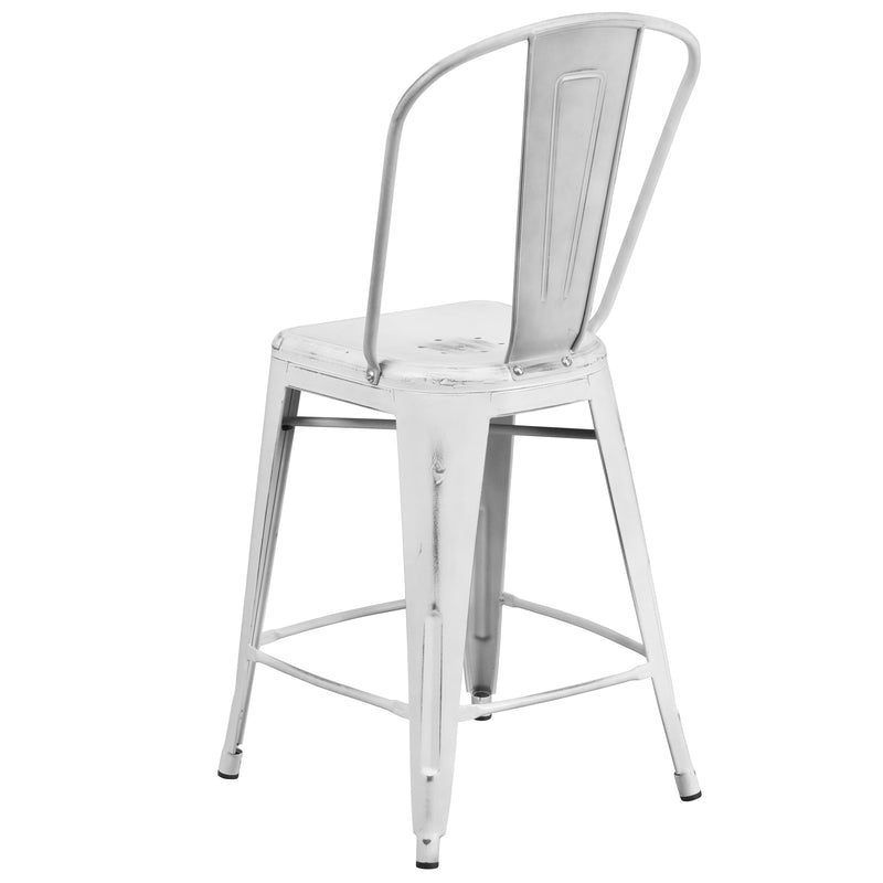 Commercial Grade 24" High Distressed White Metal Indoor-Outdoor Counter Height Stool with Back