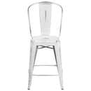 Commercial Grade 24" High Distressed White Metal Indoor-Outdoor Counter Height Stool with Back