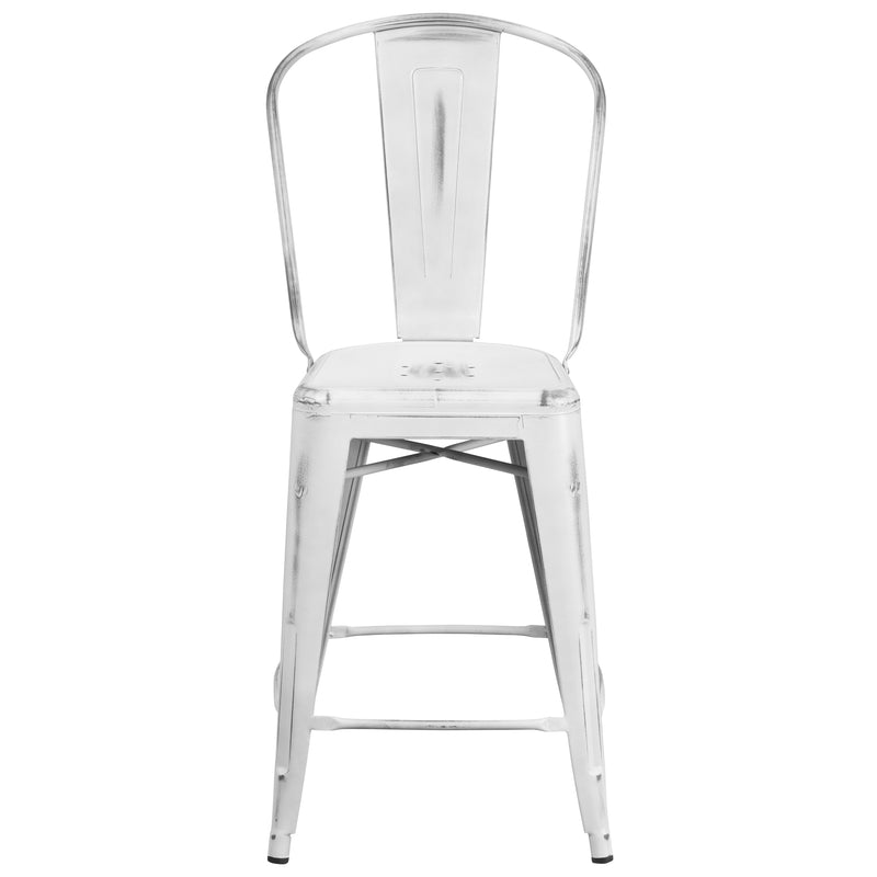 Commercial Grade 24" High Distressed White Metal Indoor-Outdoor Counter Height Stool with Back