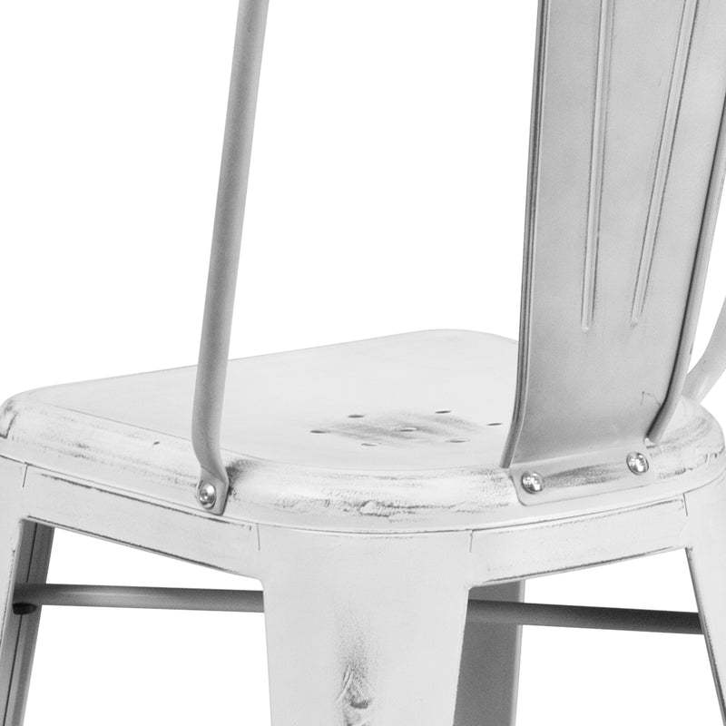 Commercial Grade 24" High Distressed White Metal Indoor-Outdoor Counter Height Stool with Back