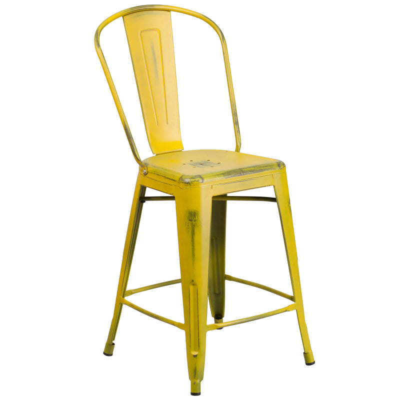 Commercial Grade 24" High Distressed Yellow Metal Indoor-Outdoor Counter Height Stool with Back